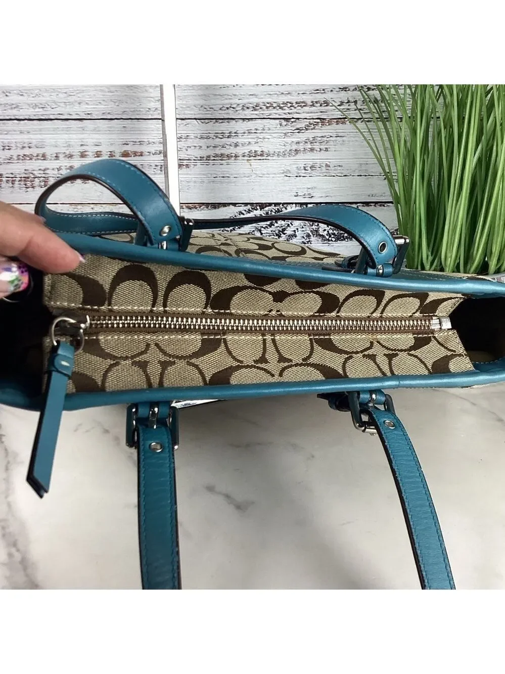 Coach Y2K Signature Gallery Shoulder Bag Teal Blue Tan Brown‎ Tote Leather Lapto